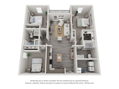 a 3d floor plan of a 3 bedroom apartment