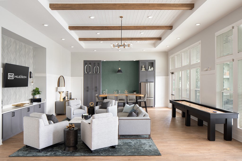 a rendering of a living room with a billiards table