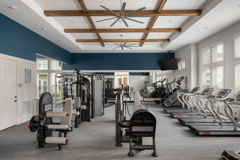a large fitness room with cardio equipment and windows