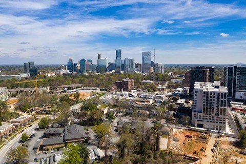 An aerial drone shot of the city skyline