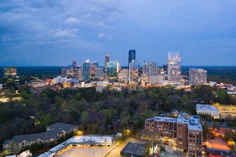 An aerial drone shot of the city nearby