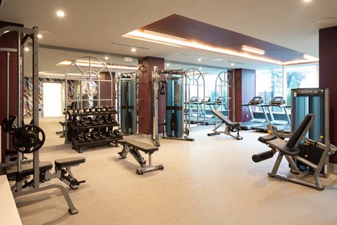 A photo of the fitness center with weight benches and machines in the background