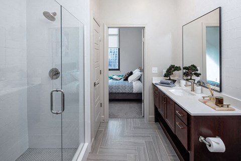 Bathroom with a glass door shower and a vanity