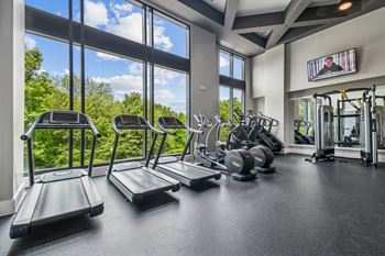 A gym with treadmills and other exercise equipment.