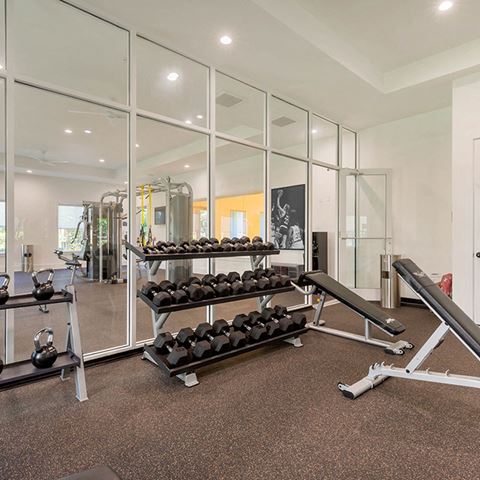 a home gym with weights and mirrors on a wall