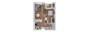 A top down view of a small apartment with a kitchen, living room, and bathroom.