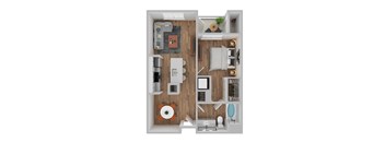 A top down view of a small apartment with a kitchen, living room, and bathroom.