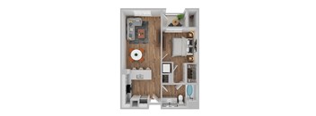 A top-down view of a small apartment with a kitchen, living room, and bathroom.