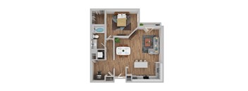 A 3D floor plan of a small apartment with a kitchen, living room, and bathroom.