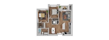 A top-down view of a small apartment with a kitchen, living room, and bathroom.