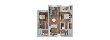 A 3D floor plan of a house showing a kitchen, living room, and two bedrooms.