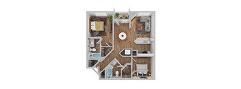 A top-down view of a small apartment with a kitchen, living room, and bathroom.