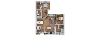 A top-down view of a house layout with a kitchen, living room, and bathrooms.