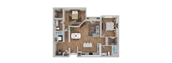 A 3D floor plan of a small apartment with a kitchen, living room, and bedroom.