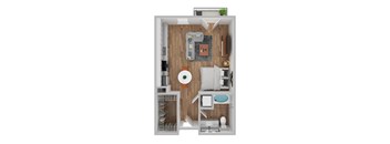 A top-down view of a small apartment with a kitchenette, living area, and bedroom.