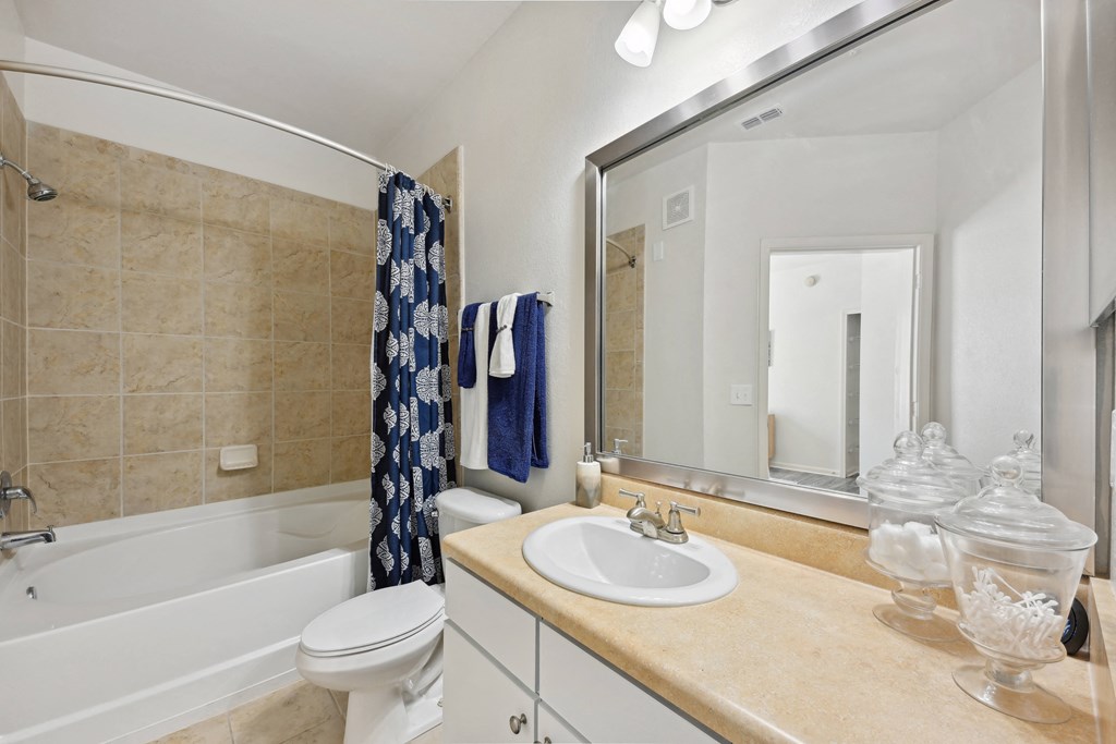 a bathroom with a sink and a tub and a mirror