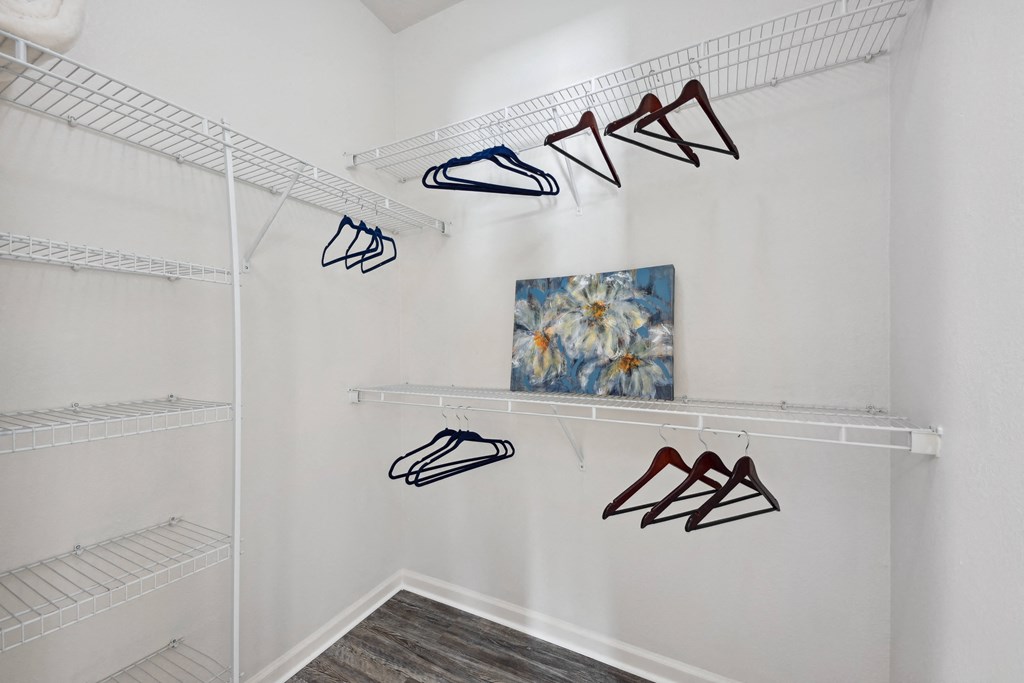 a closet with shoe racks and a painting on the wall