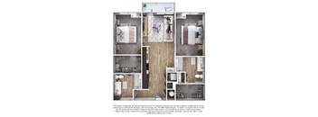 A floor plan of a small apartment with a kitchen, living room, and two bedrooms.