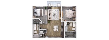 A top-down view of a small apartment layout with a kitchen, living room, and bathroom.