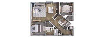 A top-down view of a room layout with a kitchen, living room, and bathroom.