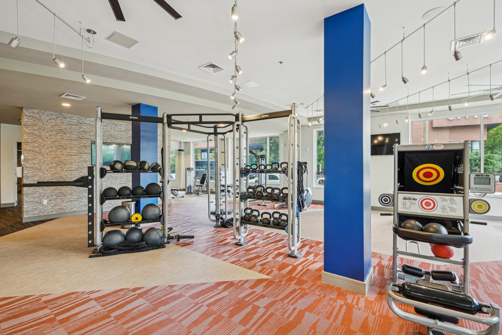 a gym with weights and a punching bag on the floor