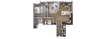 A floor plan of a small apartment with a kitchen, living room, and bathroom.