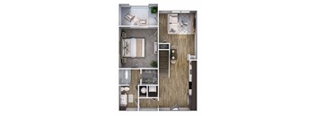 A floor plan of a small apartment with a kitchen, living room, and bathroom.