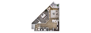 A top-down view of a house layout with a kitchen, living room, and bathroom.