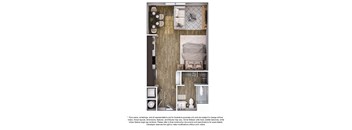 A floor plan of a small apartment with a kitchen, living room, and bathroom.