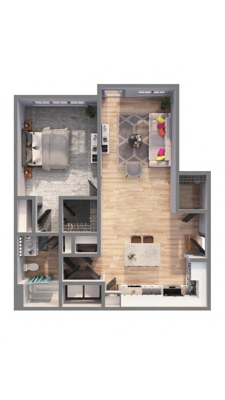 a floor plan of a one bedroom apartment with a living room and kitchen