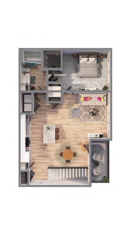 a bedroom with a bed and a chair in a room