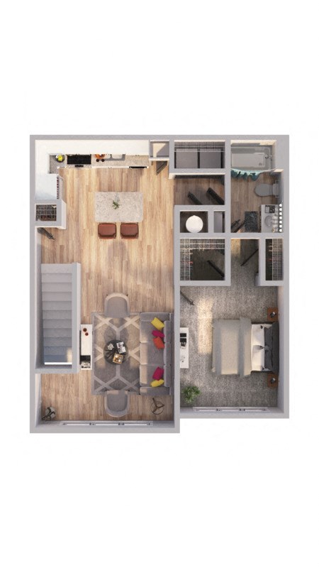 a bedroom with a bed and a chair in a room