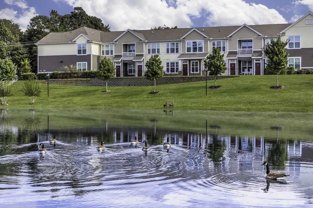 exterior community buildings with private pond