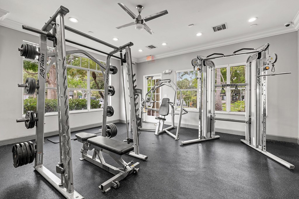 A well-equipped gym with a variety of weightlifting equipment.