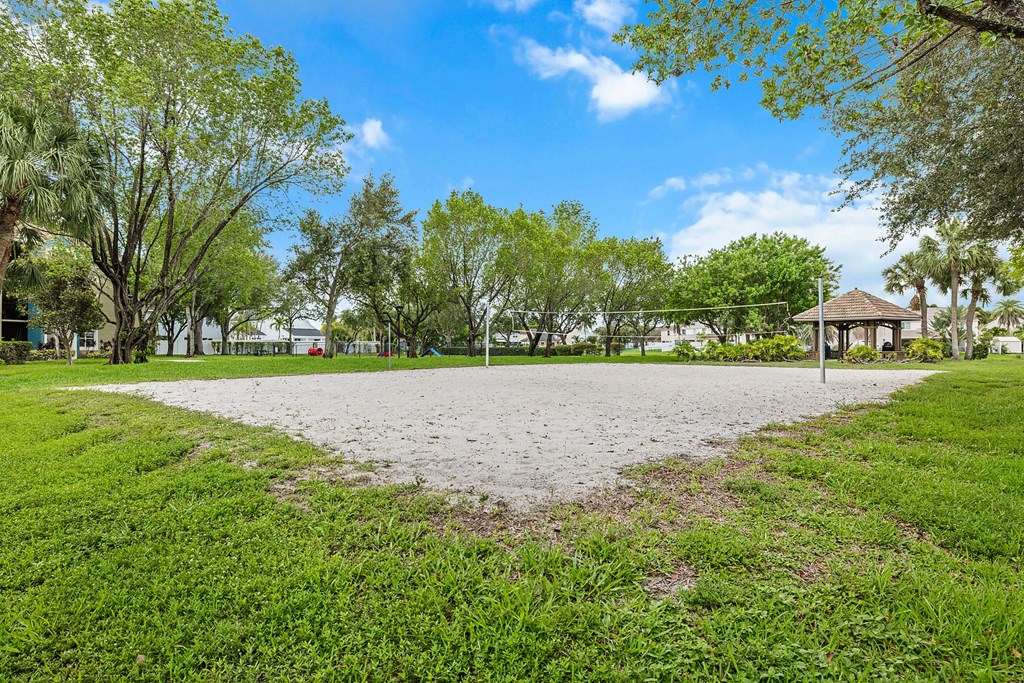An open sand area in the middle surrounded by trees.