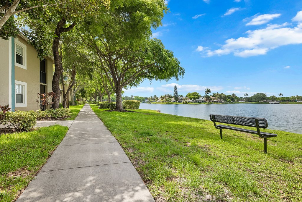 A bench sits on the grass beside a concrete walkway.