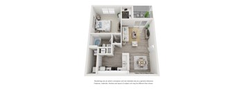 A floor plan of a small apartment with a kitchen, living room, and bathroom.