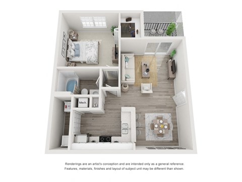 A floor plan of a small apartment with a kitchen, living room, and bathroom.