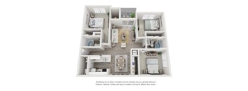 A floor plan of a house with a kitchen, living room, dining room, and two bedrooms.