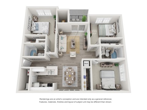 A floor plan of a house with a kitchen, living room, dining room, and two bedrooms.