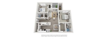 A 3D rendered image of a house layout.