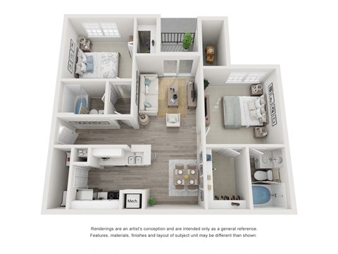 A 3D rendered image of a house layout.