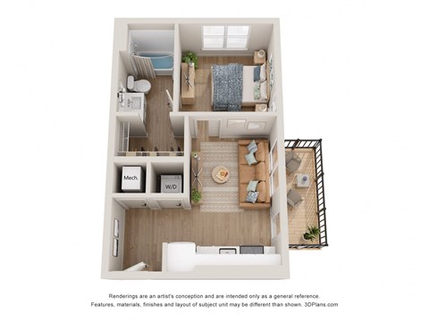 a stylized floor plan with a bedroom and a living room