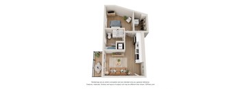 a stylized view of a 1 bedroom floor plan with a bathroom and a balcony