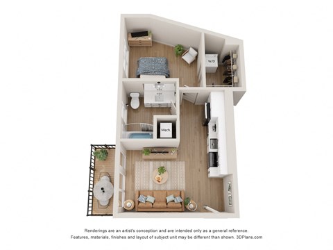 a stylized view of a 1 bedroom floor plan with a bathroom and a balcony