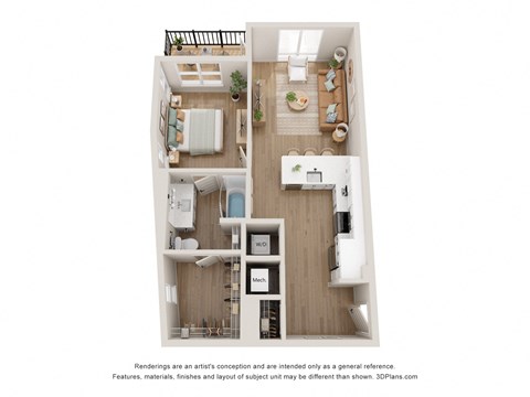 a stylized floor plan of a 1 bedroom unit with a bedroom and living room