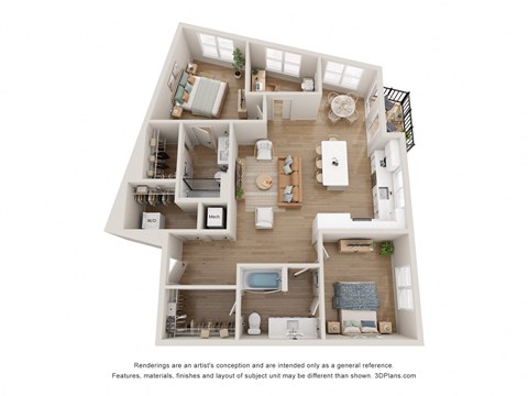 a view of the 1 bedroom floorplan of a 2103 sq ft apartment