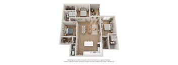 a stylized floor plan of a 3 bedroom apartment
