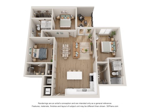 a stylized floor plan of a 3 bedroom apartment