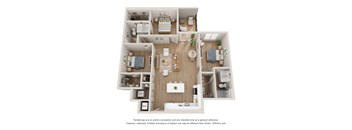 a stylized floor plan of a 3 bedroom apartment